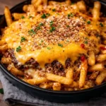 Serving cheeseburger french fry casserole on white plate with melted cheese and crispy fries