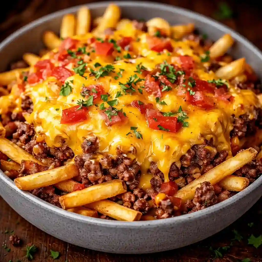 Serving cheeseburger french fry casserole on white plate with melted cheese and crispy fries