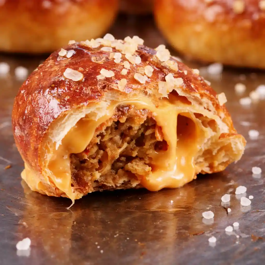 Cheeseburger Pretzel Bombs with melted cheese center on white marble background