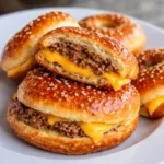 Cheeseburger Pretzel Bombs with melted cheese center on white marble background