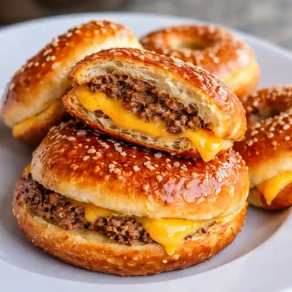 Cheeseburger Pretzel Bombs with melted cheese center on white marble background