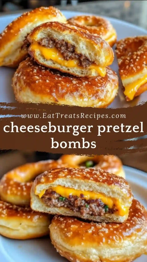 Cheeseburger Pretzel Bombs with melted cheese center on white marble background