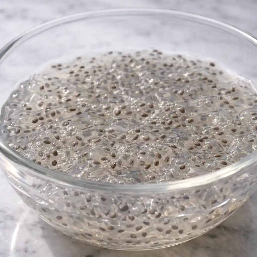 Chia Jello Recipe ingredients including gelatin and chia seeds on marble