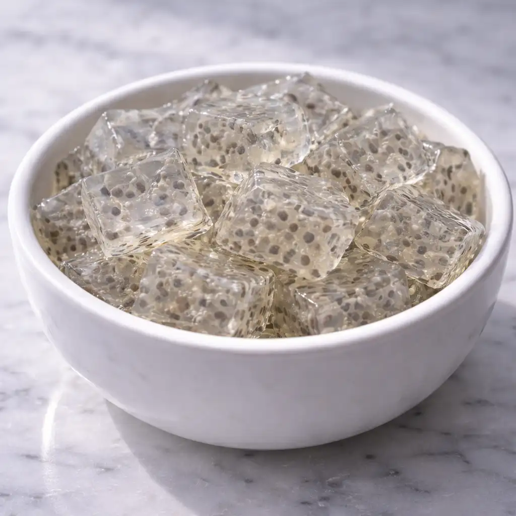 Chia Jello Recipe ingredients including gelatin and chia seeds on marble