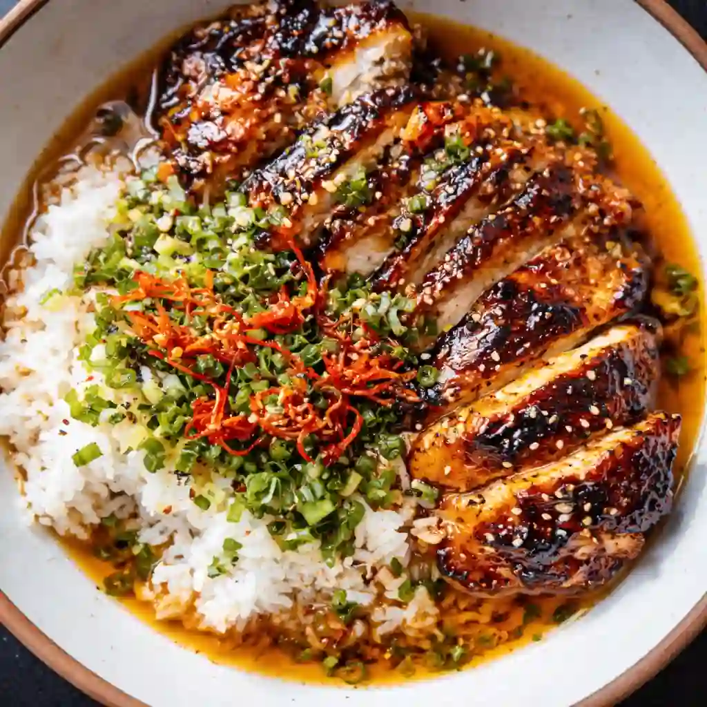 chicken ginger broth with caramelized soy chicken and rice