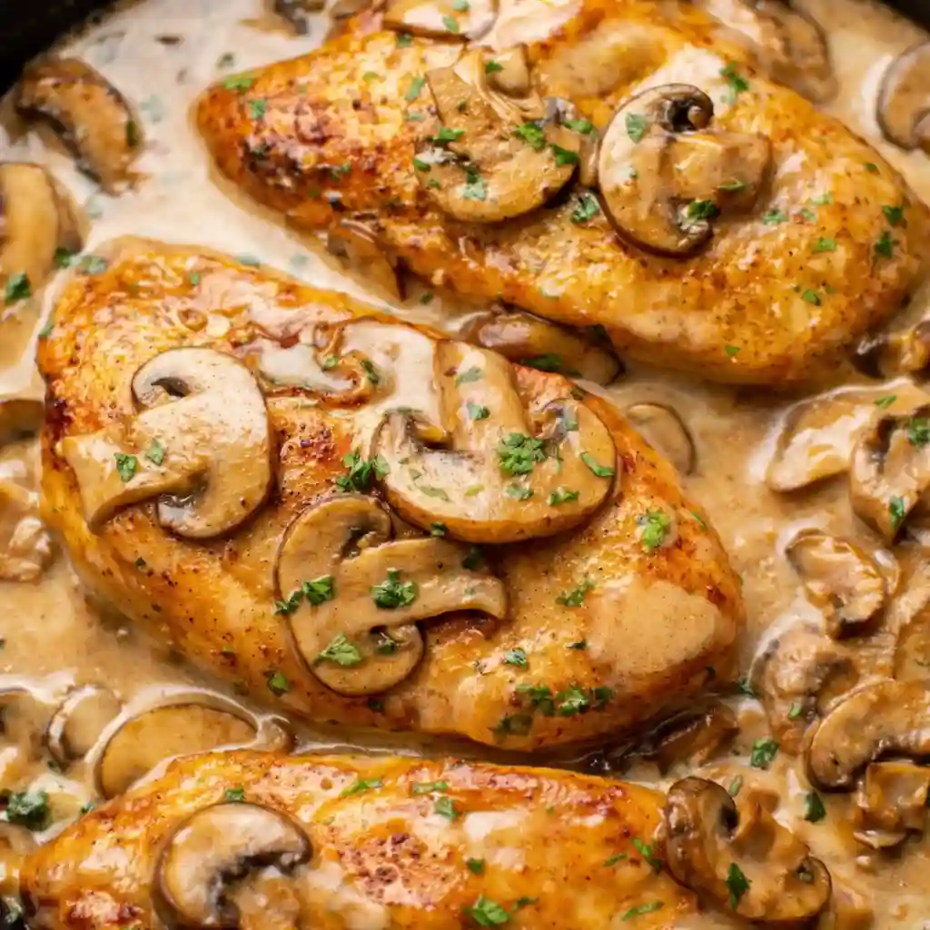 chicken marsala with mushrooms in rich marsala sauce