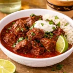 Authentic Chile Colorado beef stew with tender beef in rich red chile sauce
