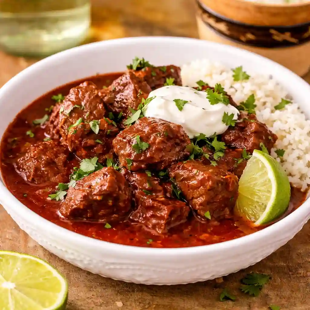 Authentic Chile Colorado beef stew with tender beef in rich red chile sauce