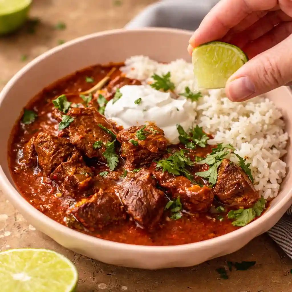 Authentic Chile Colorado beef stew with tender beef in rich red chile sauce