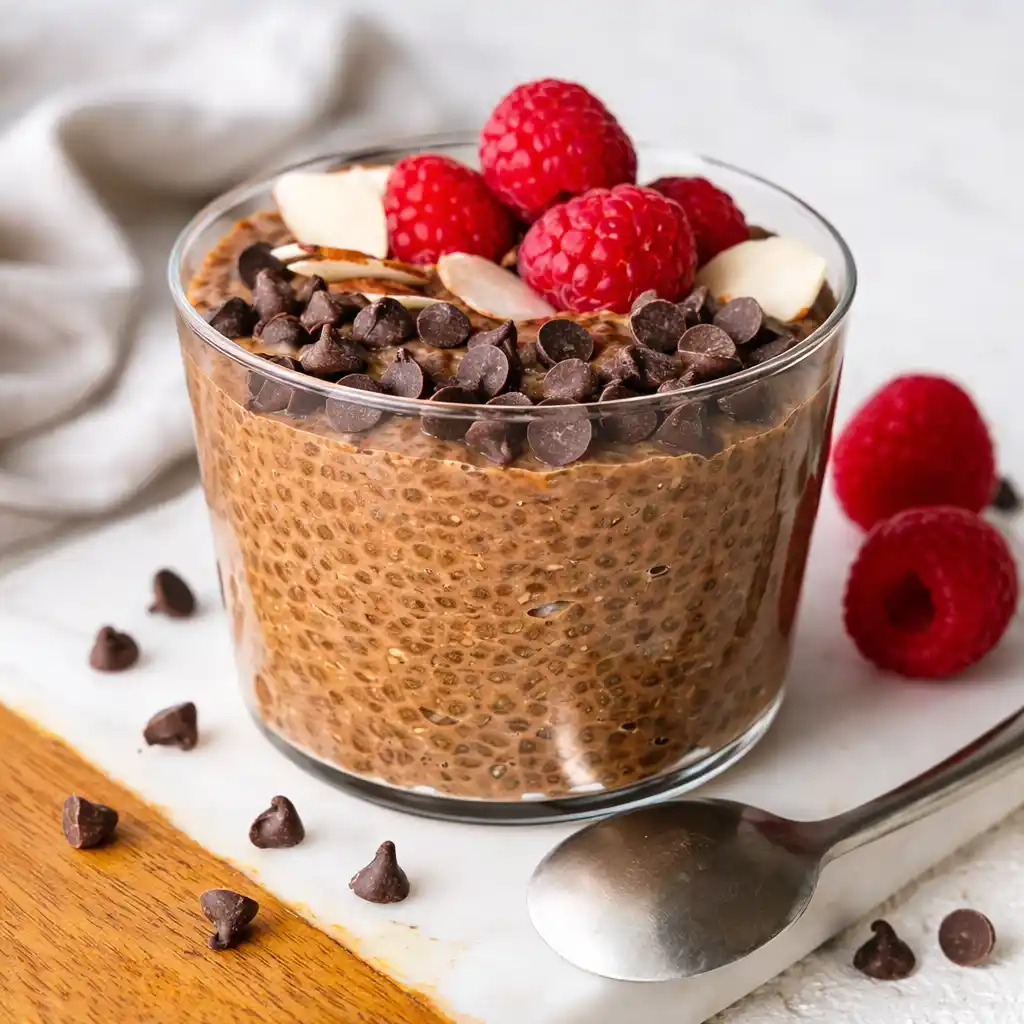 chocolate chia overnight oats in a jar topped with berries and cocoa