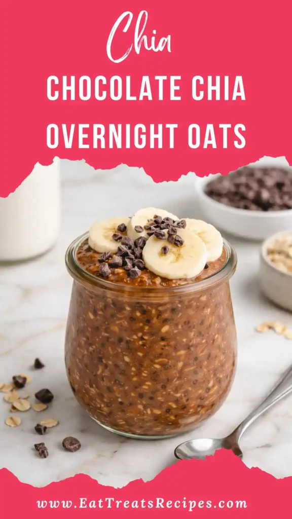 chocolate chia overnight oats in a jar topped with berries and cocoa