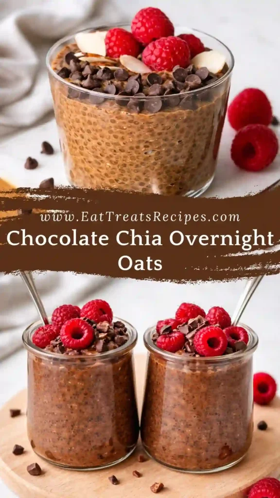 chocolate chia overnight oats in a jar topped with berries and cocoa