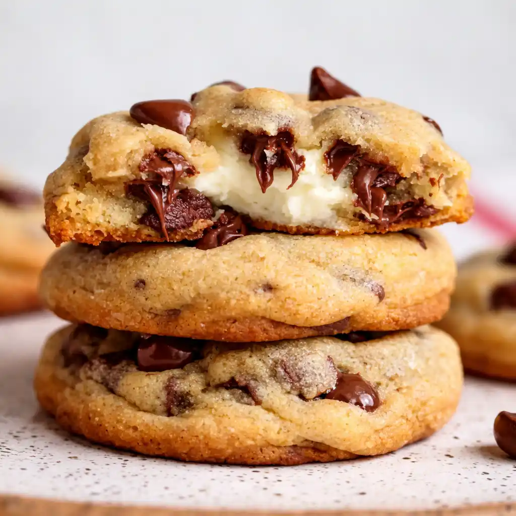 Chocolate Chip Cheesecake Cookies with creamy cheesecake center on white marble background