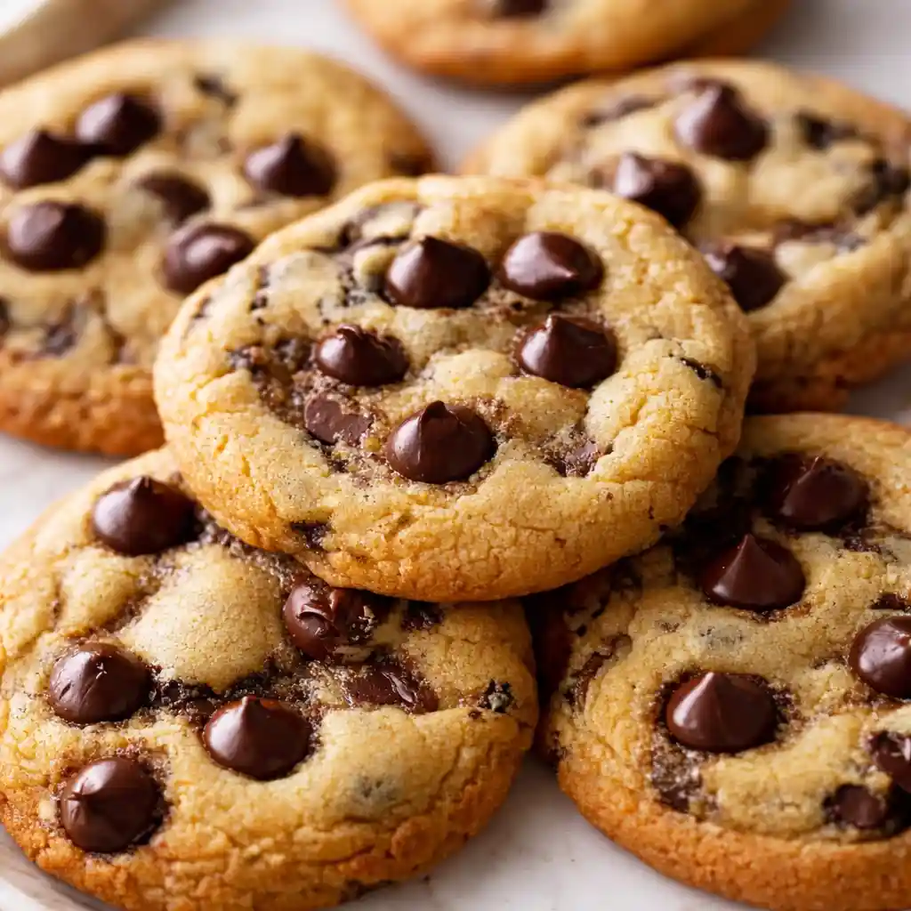 Chocolate Chip Cheesecake Cookies with creamy cheesecake center on white marble background