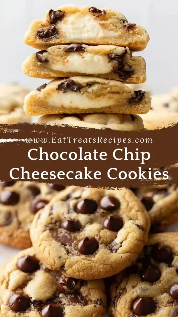 Chocolate Chip Cheesecake Cookies with creamy cheesecake center on white marble background