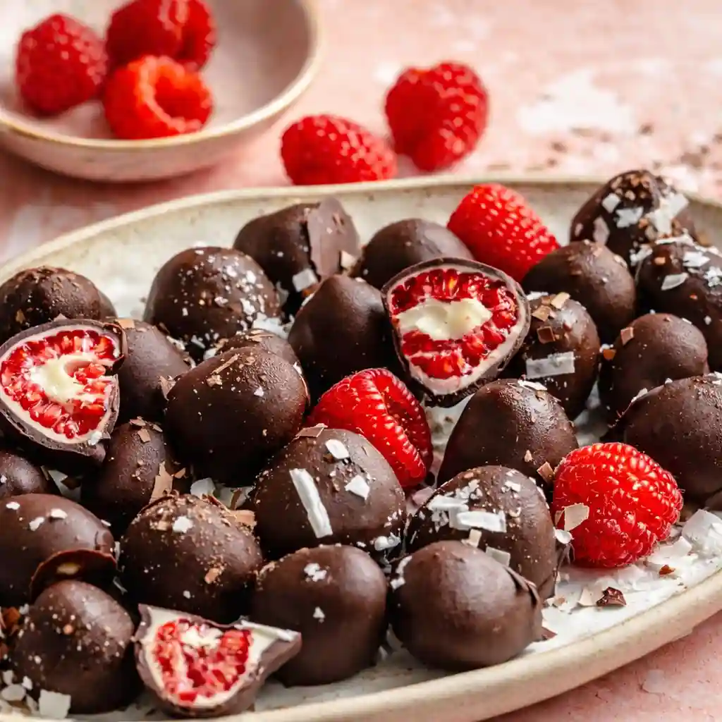 Fresh raspberries and dark chocolate for chocolate covered raspberry recipe