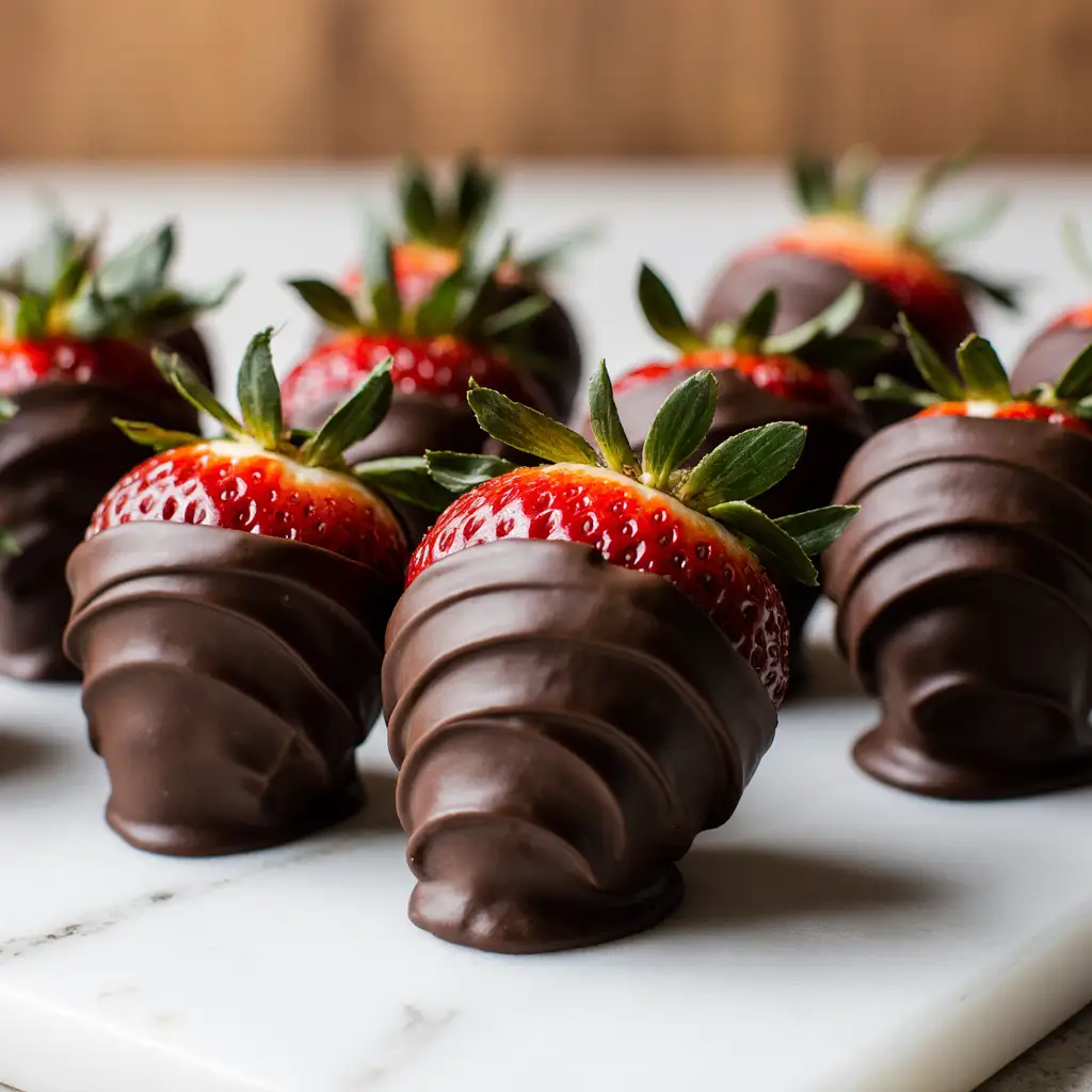 Chocolate Covered Strawberries Recipe with glossy dark chocolate coating on marble surface