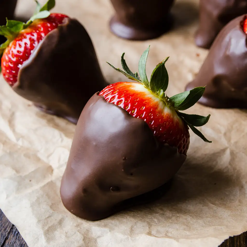 Chocolate Covered Strawberries Recipe with glossy dark chocolate coating on marble surface