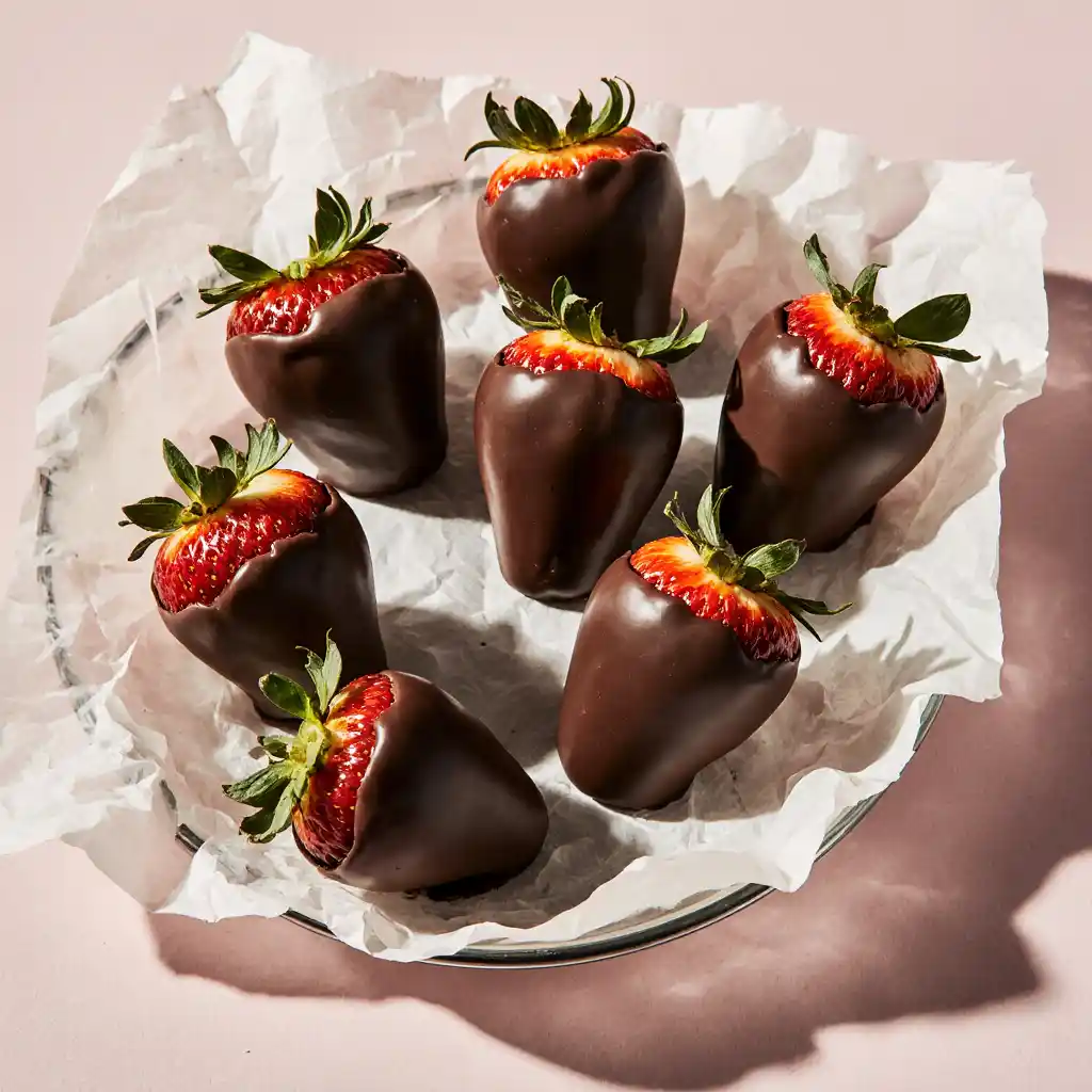 Chocolate Covered Strawberries Recipe with glossy dark chocolate coating on marble surface