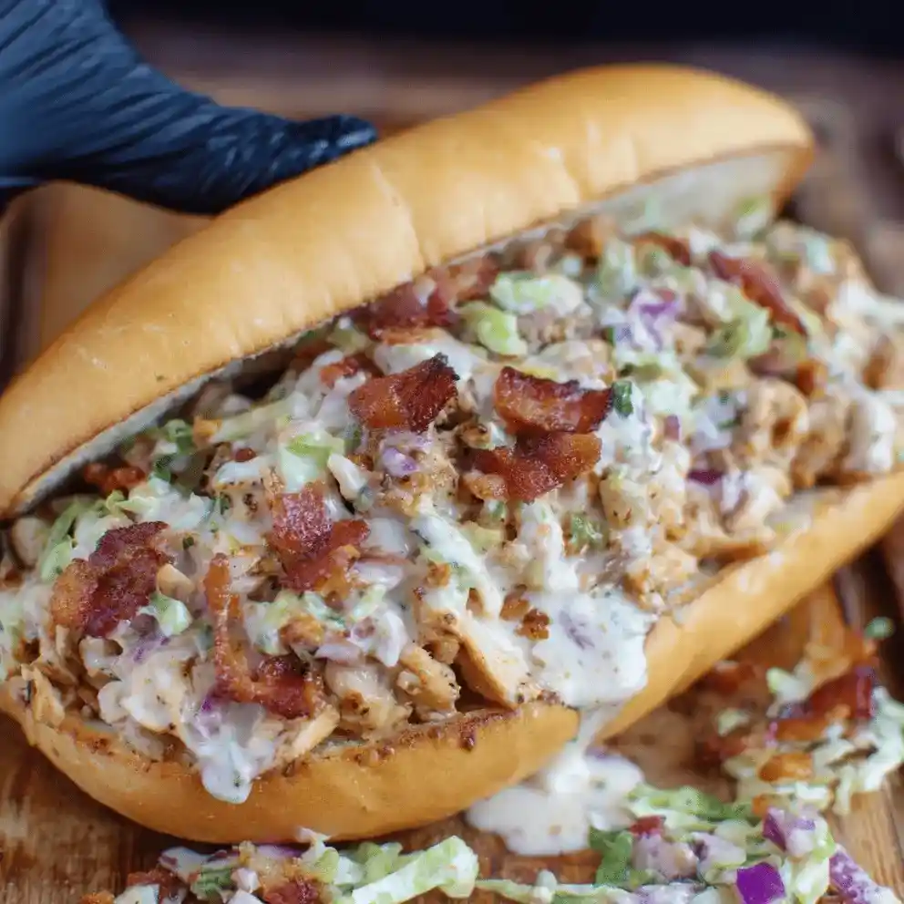 toasted chopped chicken bacon ranch sandwich cut in half showing creamy filling on marble surface