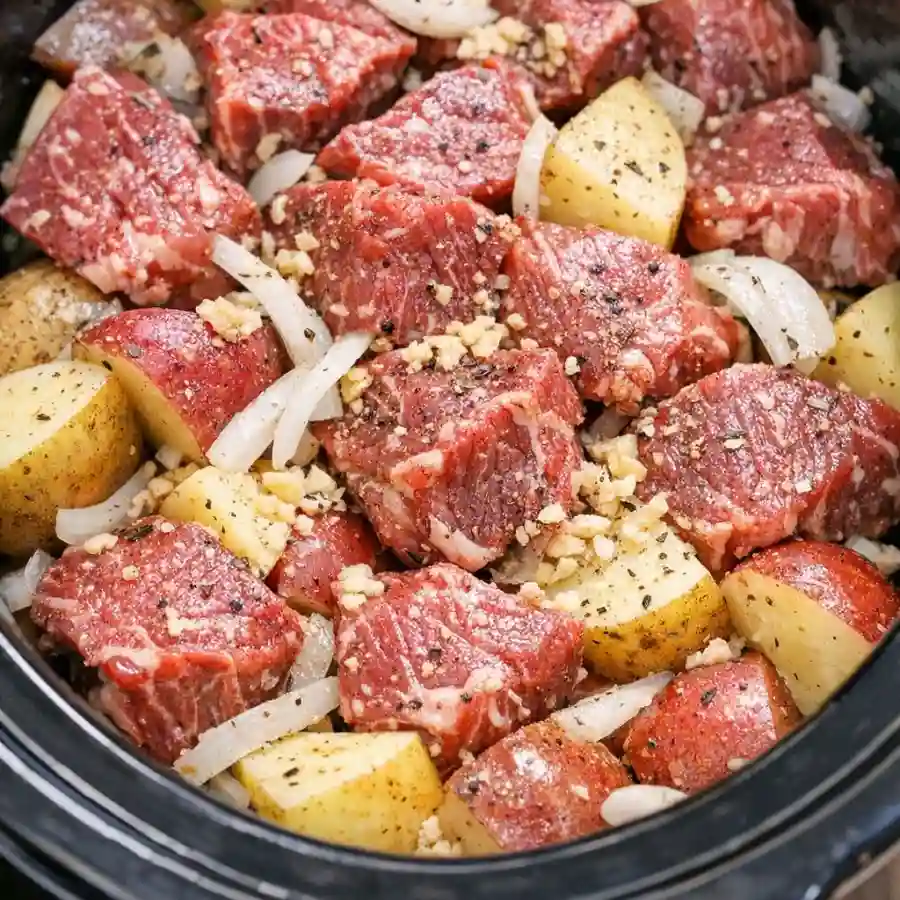 chuck roast and potatoes cooking inside crock pot slow cooker