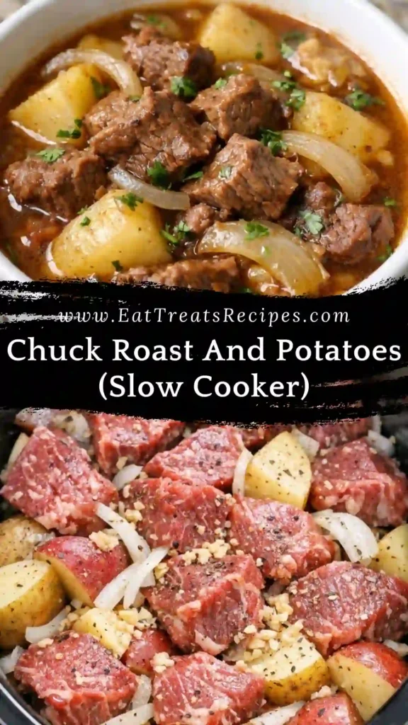 chuck roast and potatoes cooking inside crock pot slow cooker
