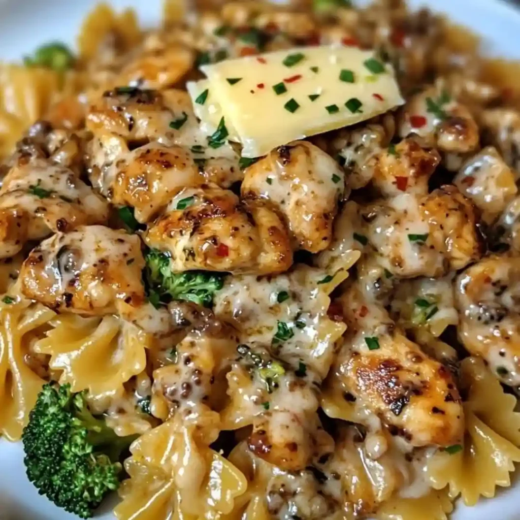 cowboy butter lemon bowtie chicken with broccoli stored in meal prep container