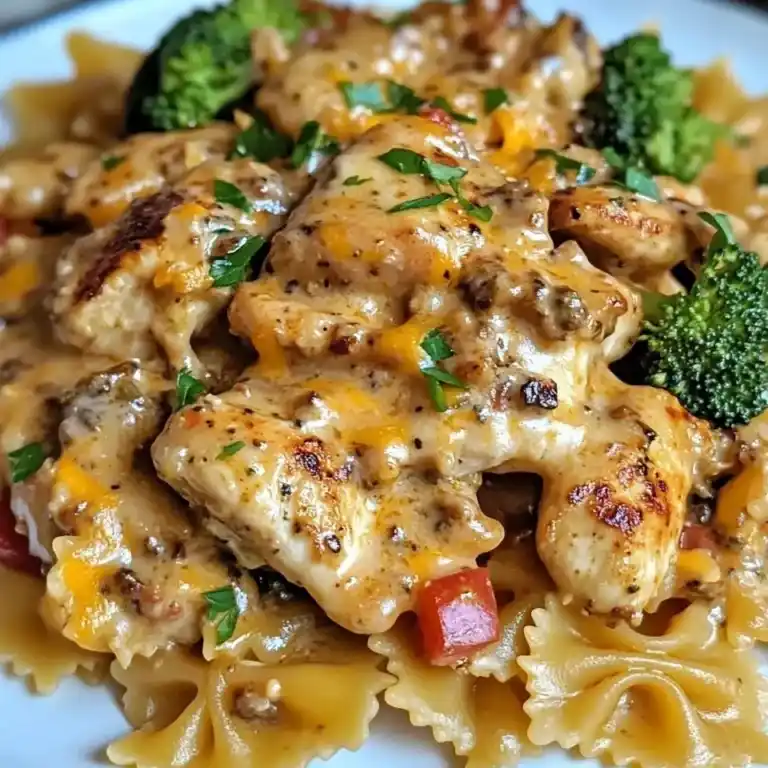 cowboy butter lemon bowtie chicken with broccoli stored in meal prep container