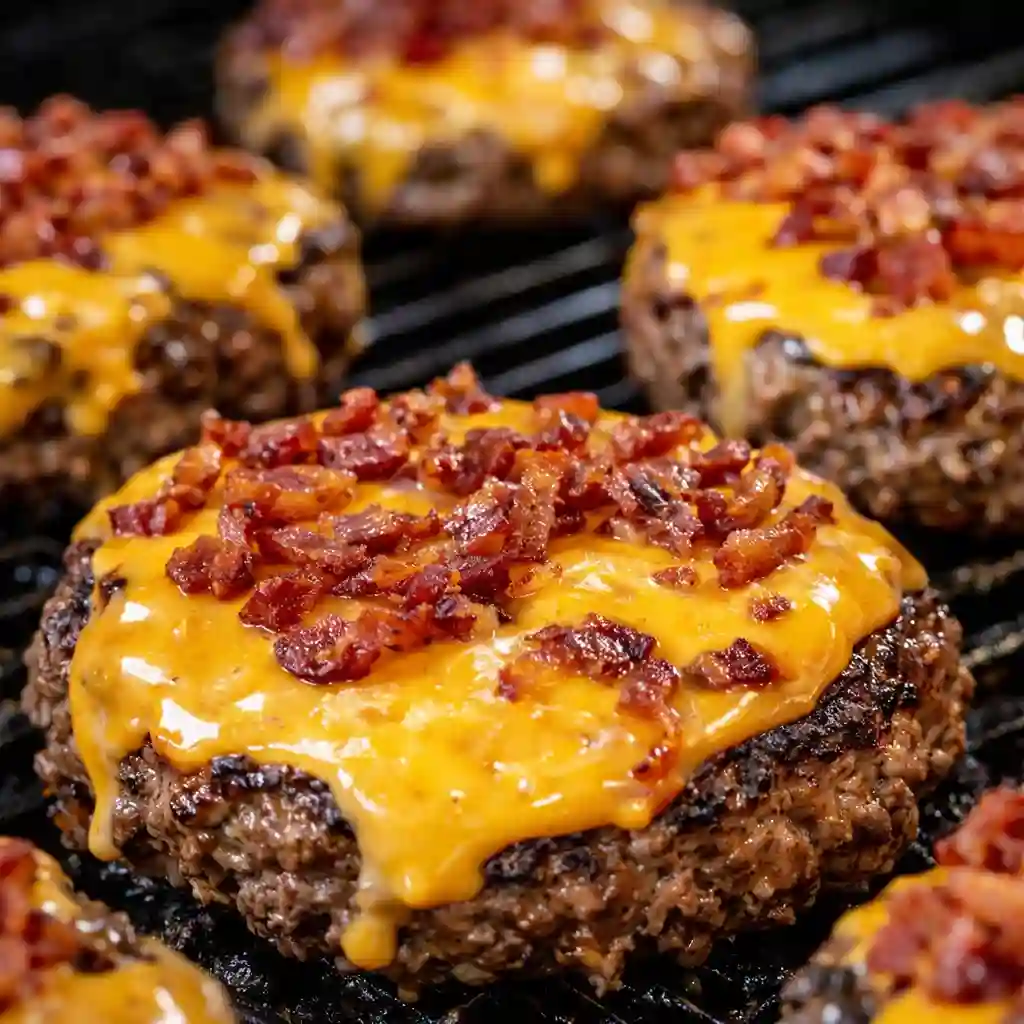 Crack Burgers smash style with ranch seasoning bacon and cheddar on toasted brioche bun