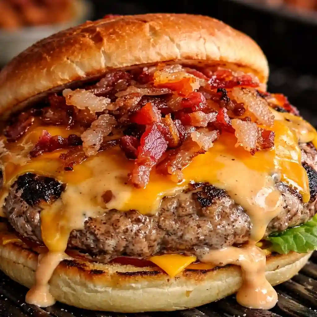 Crack Burgers smash style with ranch seasoning bacon and cheddar on toasted brioche bun