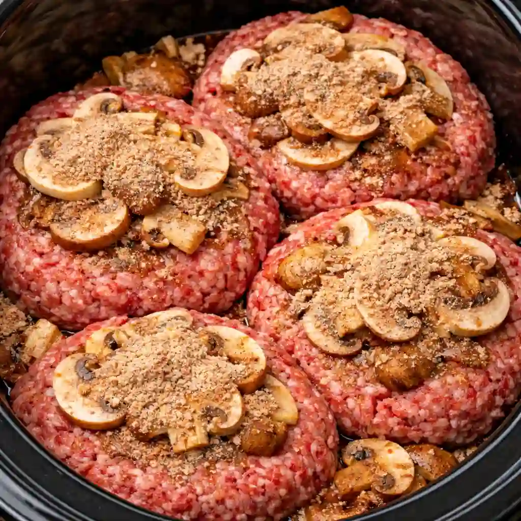 Serving crockpot beef patties and mushrooms with gravy on white plate