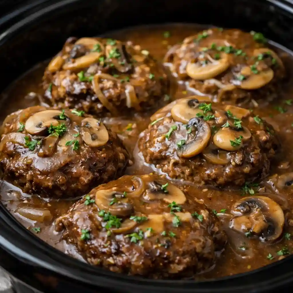 Serving crockpot beef patties and mushrooms with gravy on white plate