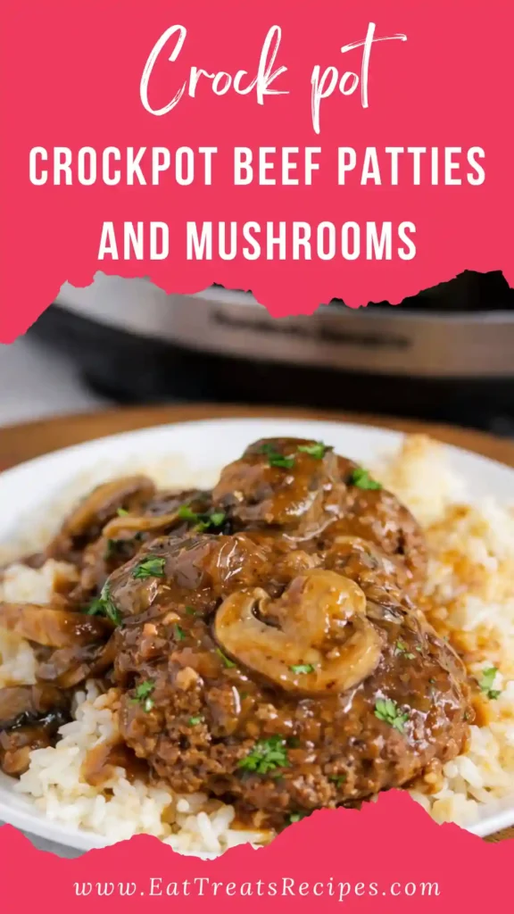 Serving crockpot beef patties and mushrooms with gravy on white plate