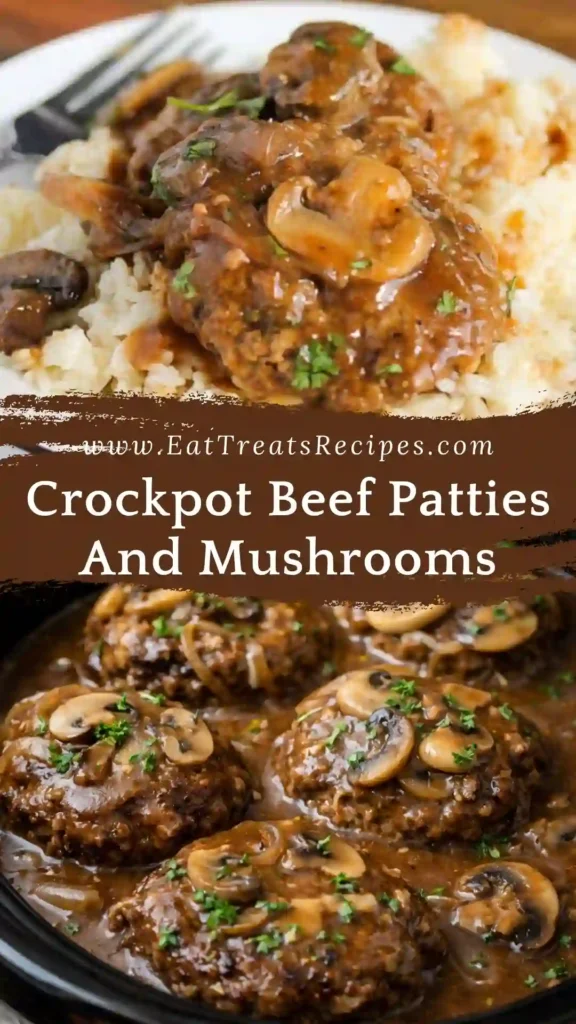 Serving crockpot beef patties and mushrooms with gravy on white plate