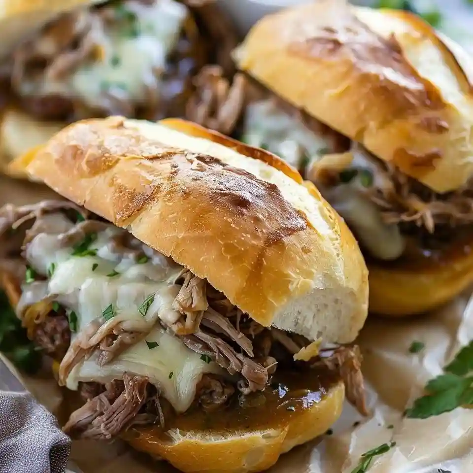 Crockpot French Dip Sandwich Recipe with melted cheese and au jus