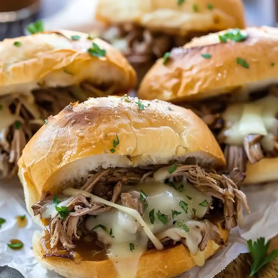 Crockpot French Dip Sandwich Recipe with melted cheese and au jus