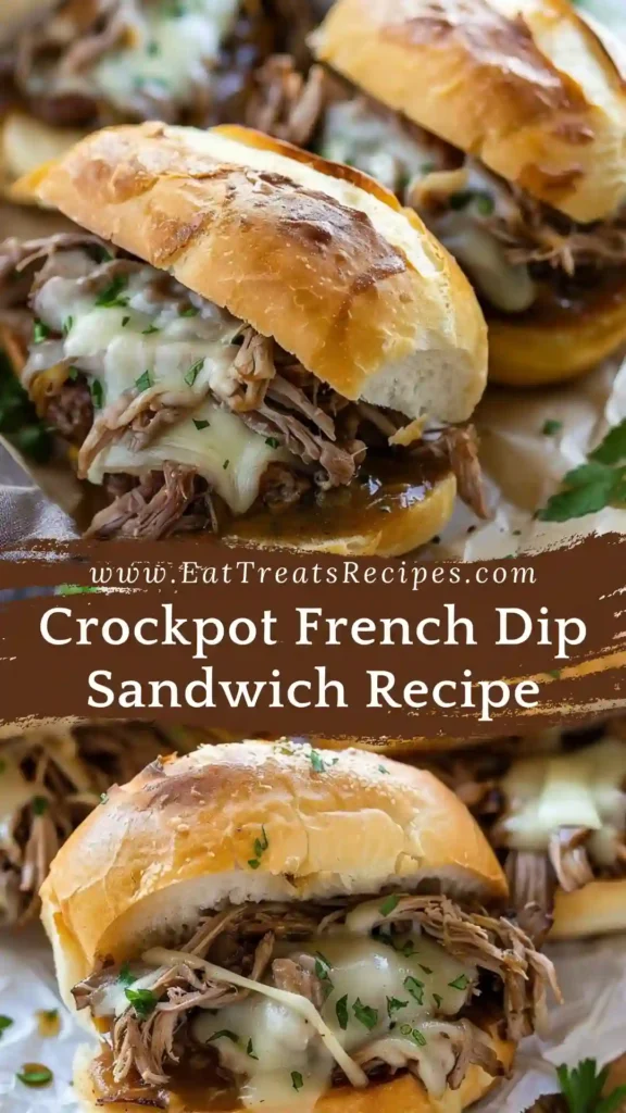 Crockpot French Dip Sandwich Recipe with melted cheese and au jus