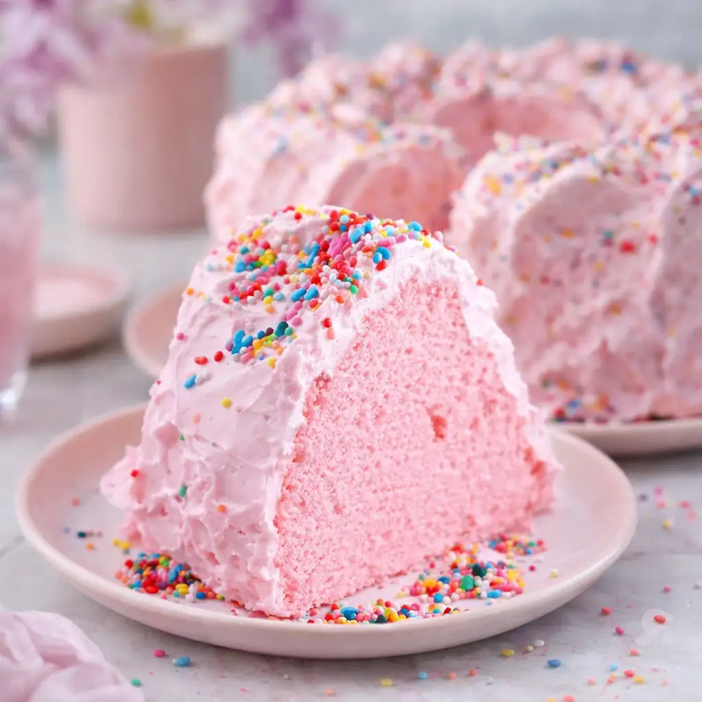 fluffy pink angel food cake from scratch with natural strawberry color and airy texture