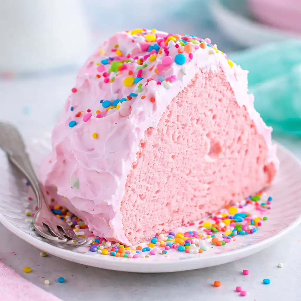 fluffy pink angel food cake from scratch with natural strawberry color and airy texture