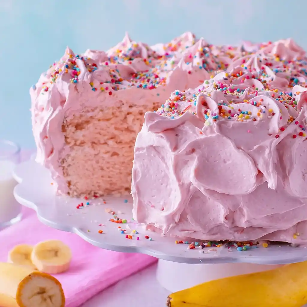 fluffy pink angel food cake from scratch with natural strawberry color and airy texture