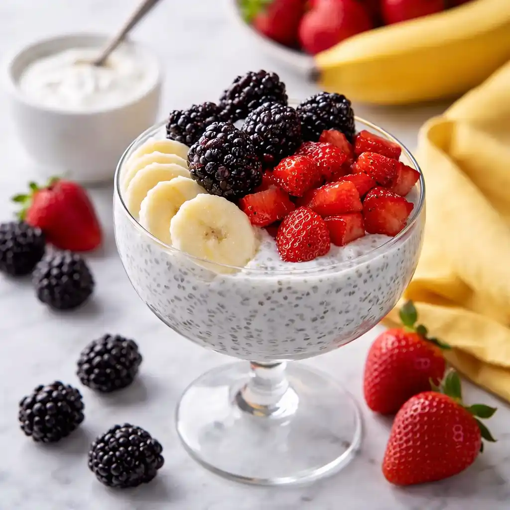 greek yogurt with chia seeds and berries recipe served with teaspoon and nutrition friendly toppings