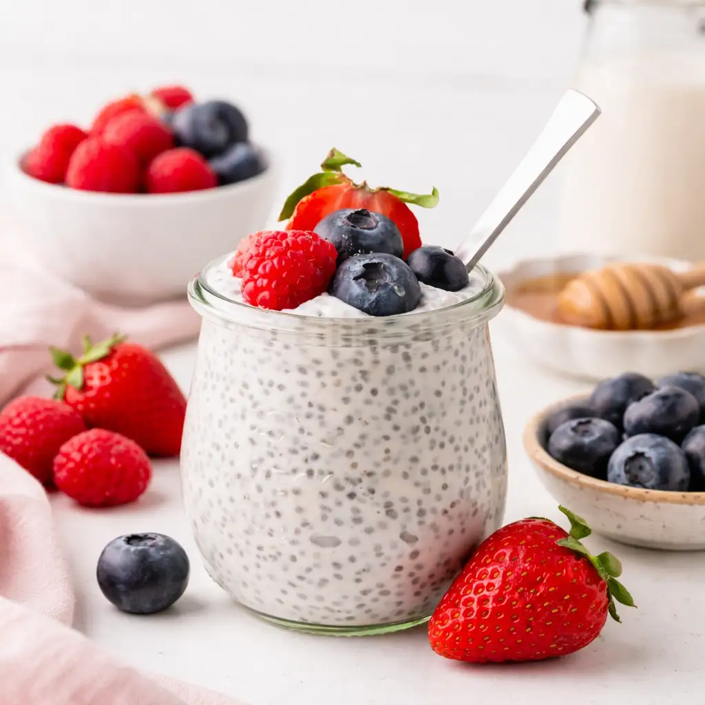 greek yogurt with chia seeds and berries recipe served with teaspoon and nutrition friendly toppings