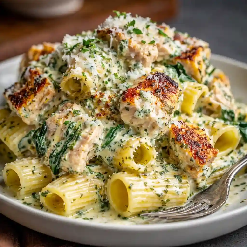 Healthy chicken pesto pasta recipe served in white bowl with fresh basil and cherry tomatoes