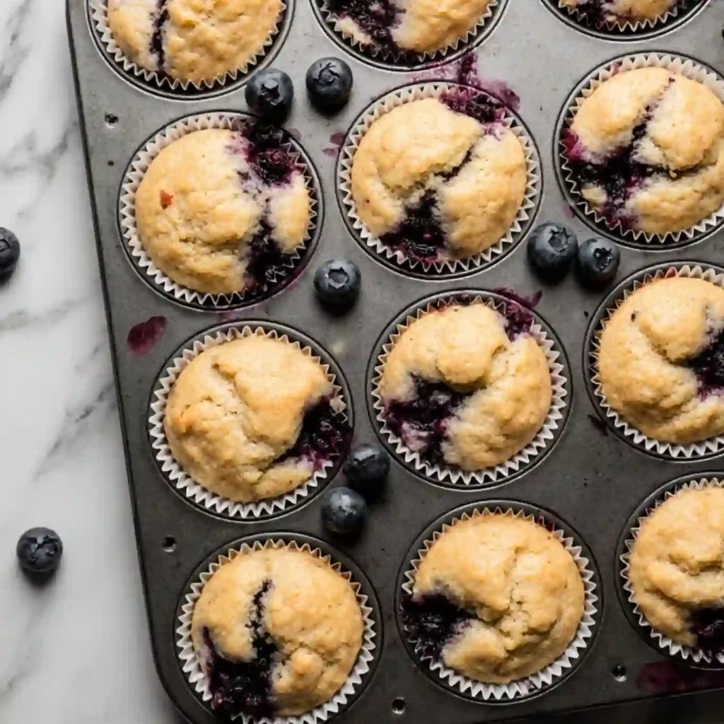 Serving high protein blueberry muffins on white plate with fresh blueberries