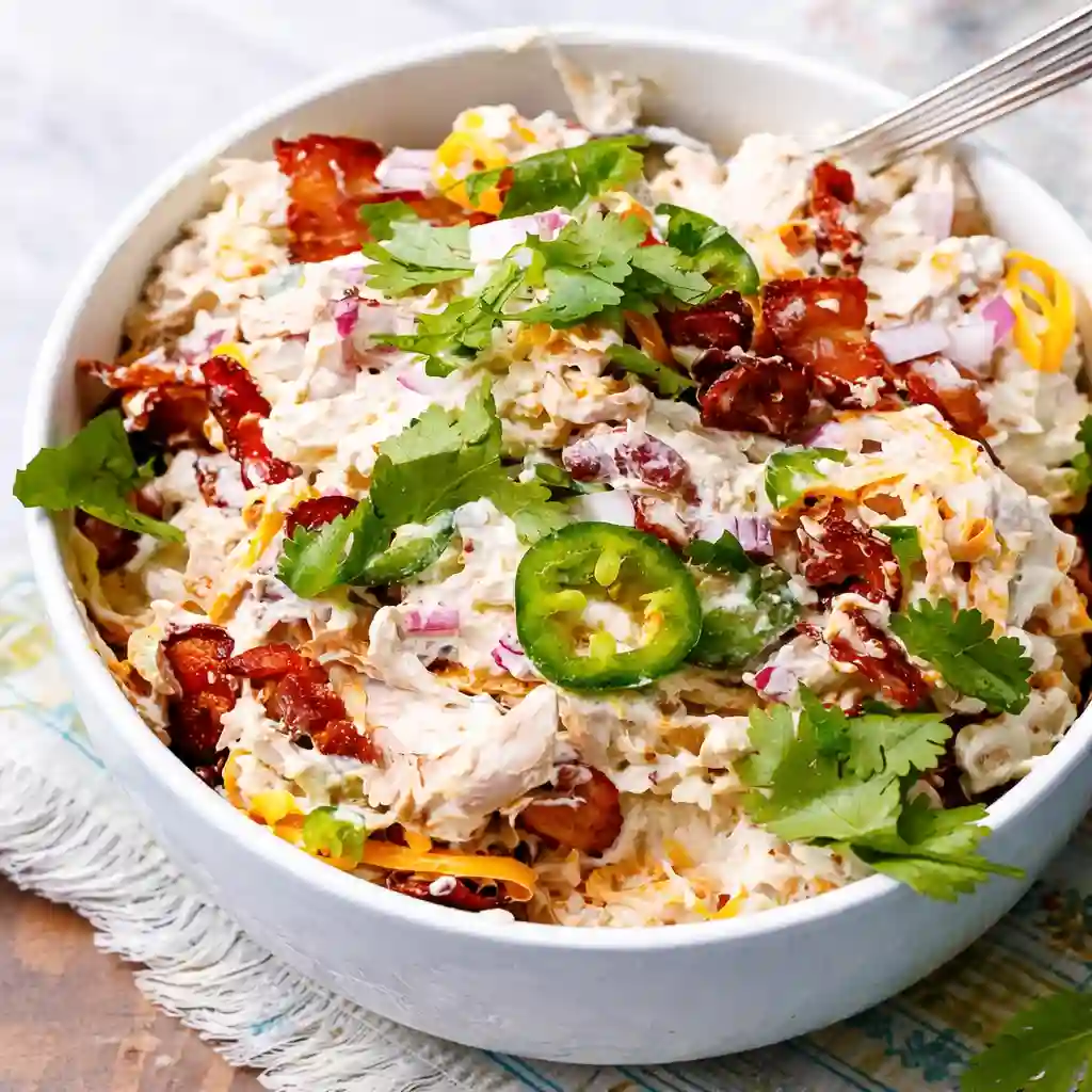 Creamy Jalapeno Popper Chicken Salad with bacon, cheddar and jalapenos served in white bowl on marble background