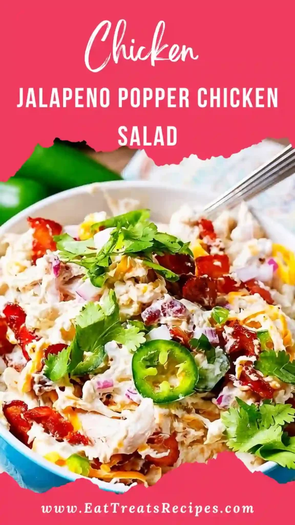 Creamy Jalapeno Popper Chicken Salad with bacon, cheddar and jalapenos served in white bowl on marble background