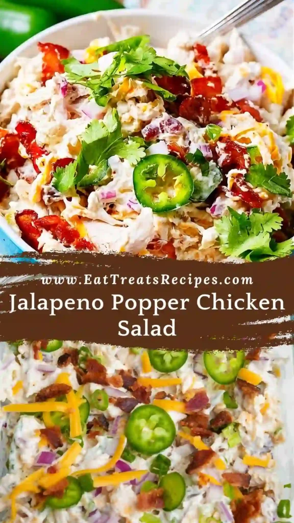 Creamy Jalapeno Popper Chicken Salad with bacon, cheddar and jalapenos served in white bowl on marble background