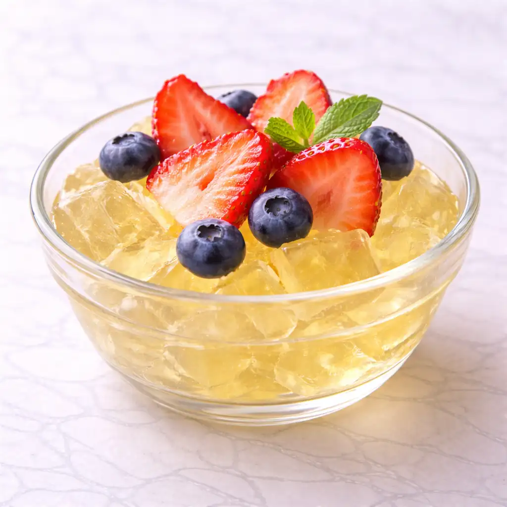 Kelly Clarkson Jello Recipe served in clear glass bowl on white marble background