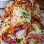 Keto Crispy Reuben Roll-Ups golden and crispy on white marble surface
