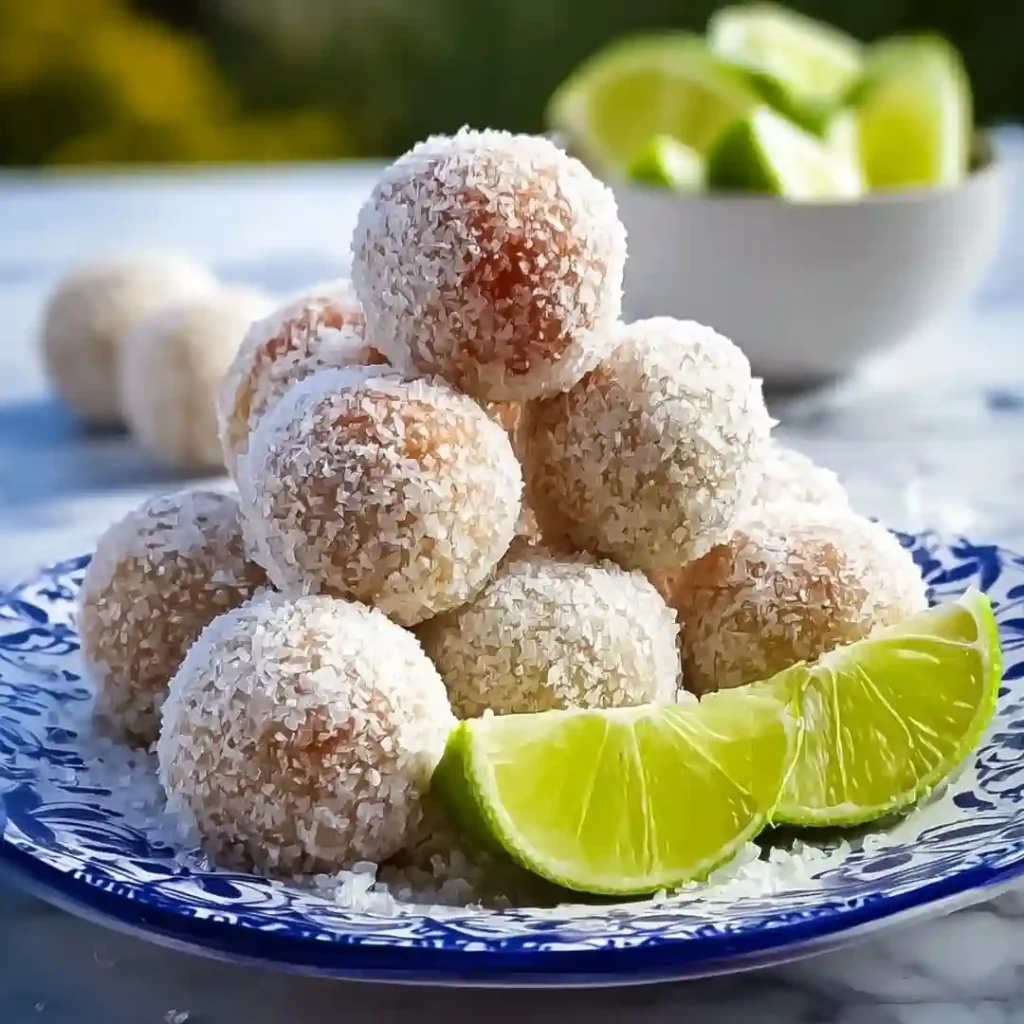 Margarita Balls recipe made with tequila, lime zest, cream cheese and vanilla wafers served on white plate